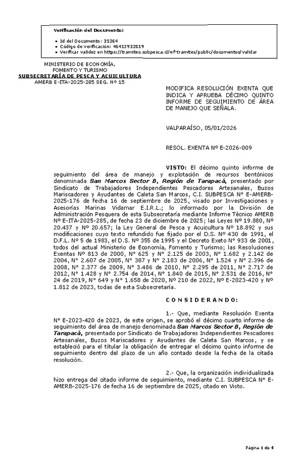 RESOL. EXENTA Nº E-2026-009 Modifica resolución que indica, aprueba décimo quinto informe de seguimiento. (Publicado en Página Web 08-01-2026)