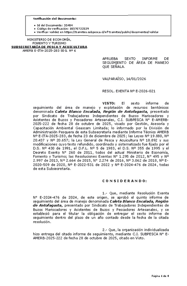 RESOL. EXENTA Nº E-2026-021 Aprueba sexto informe de seguimiento. (Publicado en Página Web 15-01-2026)