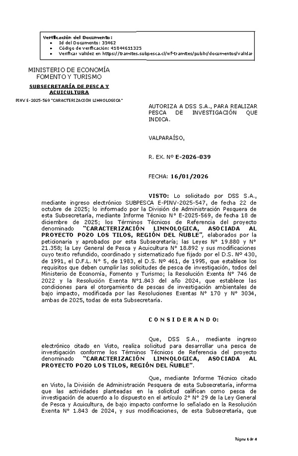 R. EX. Nº E-2026-039 AUTORIZA A DSS S.A., PARA REALIZAR PESCA DE INVESTIGACIÓN QUE INDICA. (Publicado en Página Web 19-01-2026).