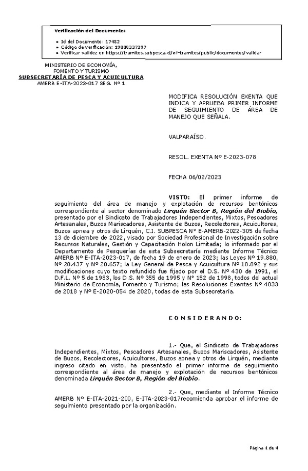 Res. Ex. N° E-2023-078, Modifica resolución que indica, Aprueba primer informe de seguimiento.
