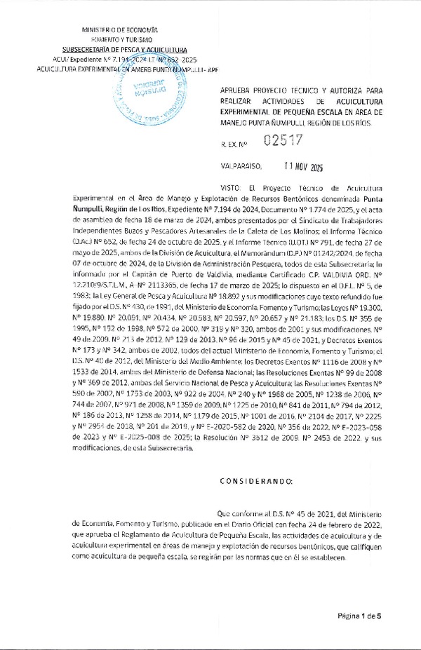 Res. Ex. N° 2517-2025 Aprueba proyecto técnico y autoriza para realizar actividades de acuicultura experimental de pequeña escala, en área de Manejo Punta Ñumpulli, Región de Los Ríos. (Publicado en Página Web 28-01-2026).