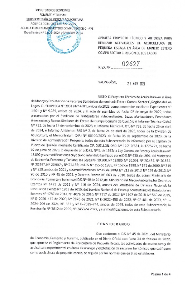 Res. Ex. N° 2627-2025 Aprueba proyecto técnico y autoriza para realizar actividades de acuicultura de pequeña escala, en área de manejo Estero Compu Sector C, Región de Los Lagos. (Publicado en Página Web 28-01-2026).