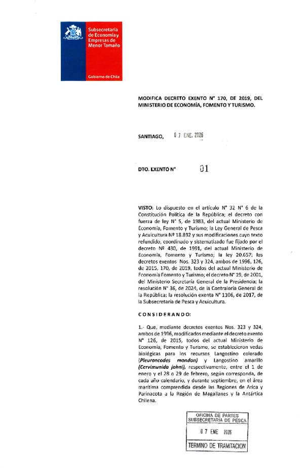 Dec. Ex. N° 01-2026 Modifica Dec. Ex. N° 170-2019 Establece Porcentaje de Desembarque de Langostino Colorado y Langostino Amarillo Como Fauna Acompañante de Especie que Indica. (Publicado en Página Web 04-02-2026)