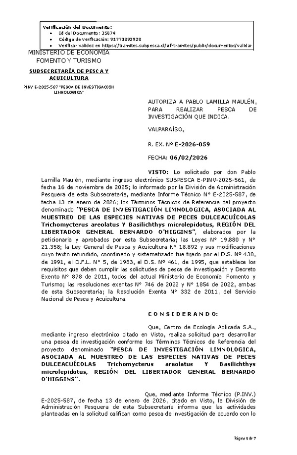 R. EX. Nº E-2026-059 AUTORIZA A PABLO LAMILLA MAULÉN, PARA REALIZAR PESCA DE INVESTIGACIÓN QUE INDICA. (Publicado en Página Web 06-02-2026).