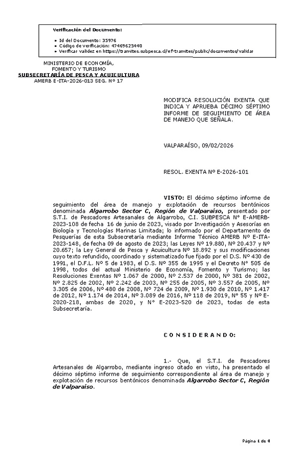 RES. EX. Nº E-2026-101 Modifica resolución que indica. Aprueba 17º informe de seguimiento. (Publicado en Página Web 10-02-2026)