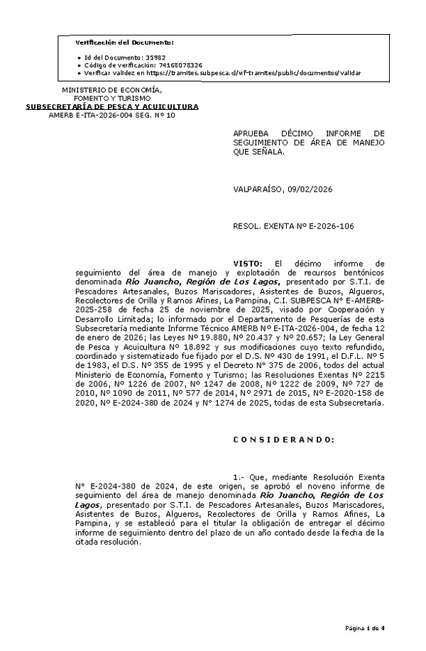 RES. EX. Nº E-2026-106 Aprueba 10º informe de seguimiento. (Publicado en Página Web 10-02-2026)