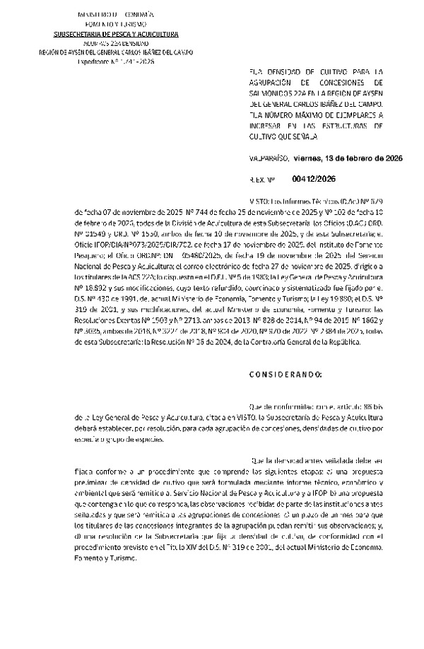 Res. Ex. N° 412-2026 Fija densidad de cultivo para la agrupación de concesiones de salmónidos 22A en la Región de Aysén del General Carlos Ibáñez del Campo.Fija número máximo de ejemplares a ingresar en las estructuras de cultivo que señala. (Con Informe Técnico) (Publicado en Página Web 16-02-2026)