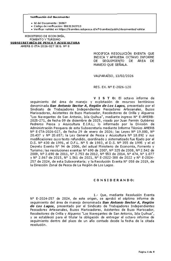 Res. Ex. N° E-2026-120 Modifica resolución que indica y Aprueba 8º Informe de Seguimiento. (Publicado en Página Web 17-02-2026)