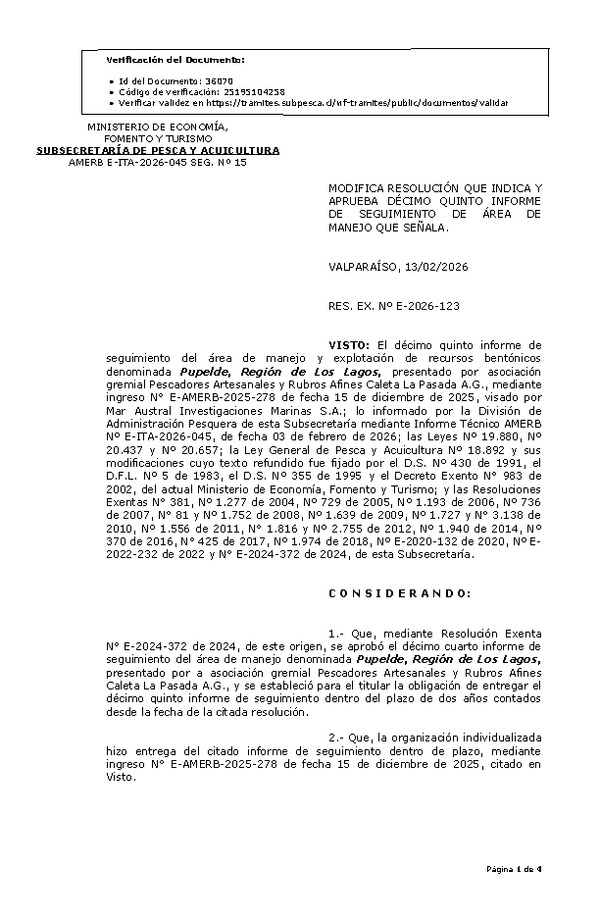 RES. EX. Nº E-2026-123 Aprueba 15° Informe de Seguimiento. (Publicado en Página Web 17-02-2026)