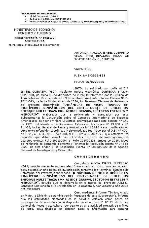 R. EX. Nº E-2026-131 AUTORIZA A ALICIA ISABEL GUERRERO VEGA, PARA REALIZAR PESCA DE INVESTIGACIÓN QUE INDICA.(Publicado en Página Web 18-02-2026).