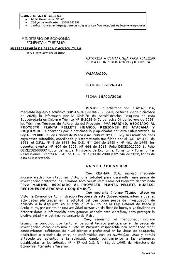 R. EX. Nº E-2026-147 AUTORIZA A CEAMAR SpA, PARA REALIZAR PESCA DE INVESTIGACIÓN QUE INDICA.(Publicado en Página Web 18-02-2026)