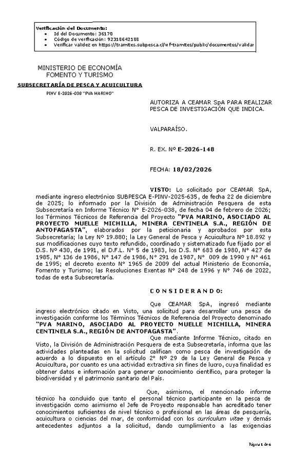 R. EX. Nº E-2026-148 AUTORIZA A CEAMAR SpA, PARA REALIZAR PESCA DE INVESTIGACIÓN QUE INDICA.(Publicado en Página Web 18-02-2026)