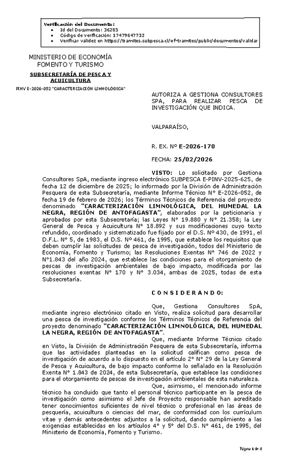 R. EX. Nº E-2026-170 AUTORIZA A GESTIONA CONSULTORES SPA, PARA REALIZAR PESCA DE INVESTIGACIÓN QUE INDICA.(Publicado en Página Web 26-02-2026)