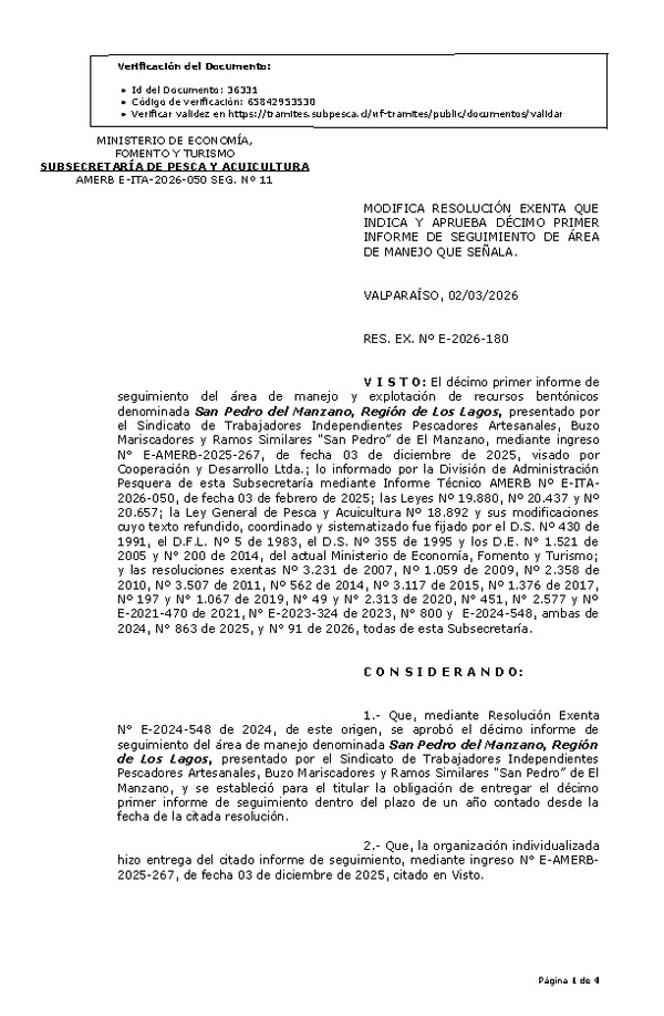 RES. EX. Nº E-2026-180 Modifca Res. Ex. que Indica y Aprueba décimo primer informe de seguimiento. (Publicado en Página Web 02-03-2026)
