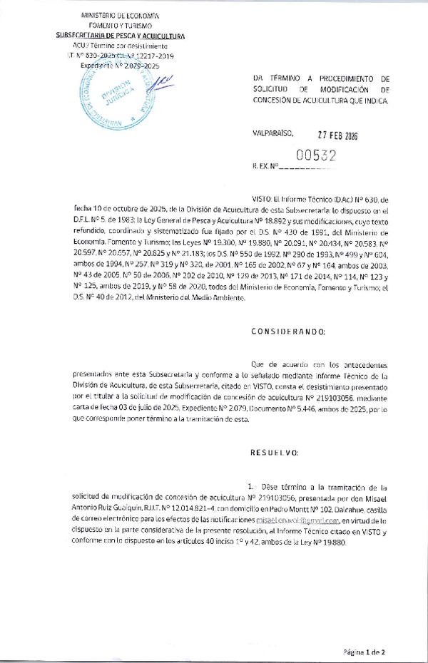Res. Ex. N° 532-2026 Da Térrmino a Procedimiento de Solicitud de Concesión de Acuicultura que Indica. Publicado en Página Web 02-03-2026)