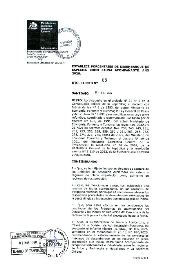 Dec. Ex. N° 5-2026 Establece Porcentajes de Desembarque de Especies como Fauna Acompañante, año 2026. (Publicado en Página Web 05-03-2026)