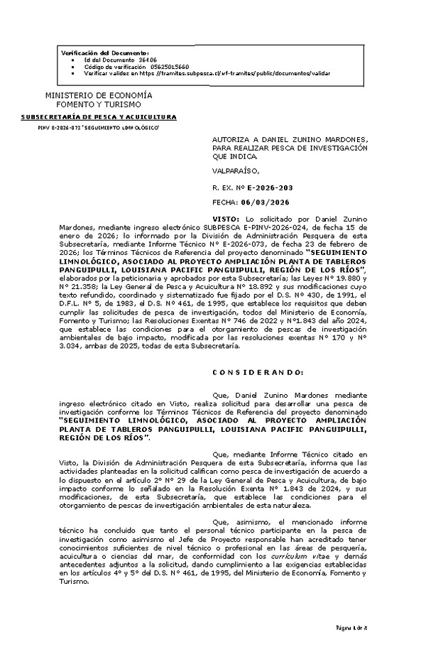 Res. Ex. Nº E-2026-203 AUTORIZA A DANIEL ZUNINO MARDONES, PARA REALIZAR PESCA DE INVESTIGACIÓN QUE INDICA. (Publicado en Página Web 06-03-2026).