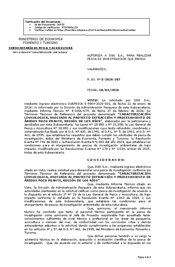 R. EX. Nº E-2026-207 AUTORIZA A DSS S.A., PARA REALIZAR PESCA DE INVESTIGACIÓN QUE INDICA. (Publicado en Página Web 11-03-2026)