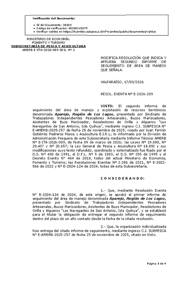 RESOL. EXENTA Nº E-2026-209 Modifica resolución que indica, aprueba segundo informe de seguimiento. (Publicado en Página Web 18-03-2026)