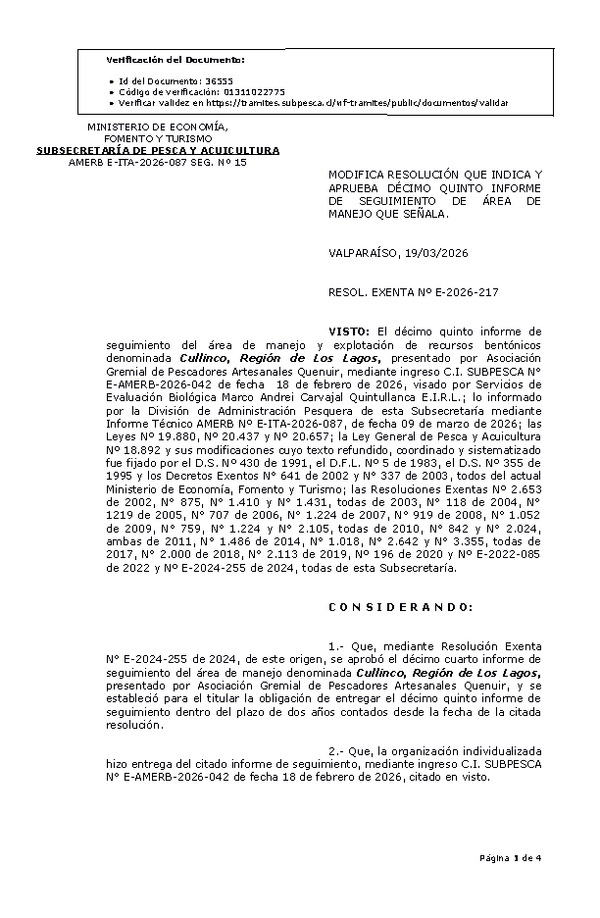 RESOL. EXENTA Nº E-2026-217 Modifica resolución que indica. aprueba décimo quinto informe de seguimiento. (Publicado en Página Web 19-03-2026)