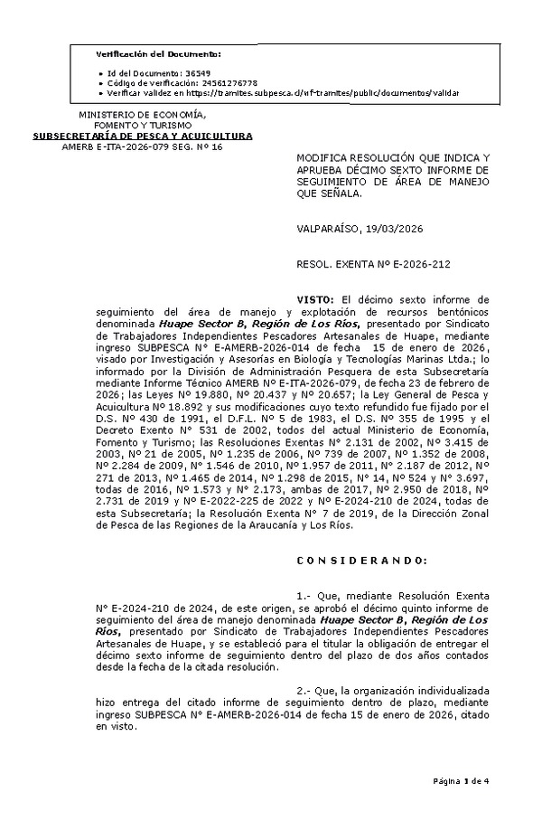 RESOL. EXENTA Nº E-2026-212 Modifica resolución que indica. aprueba décimo sexto informe de seguimiento. (Publicado en Página Web 19-03-2026)