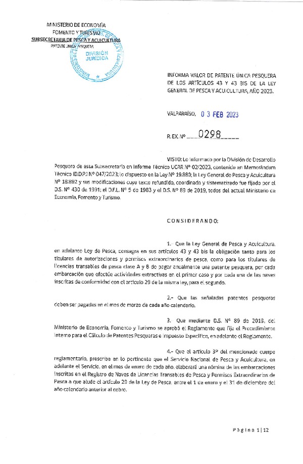Res. Ex. N° 0298-2023 Informa Valor de Patente Única Pesquera de los Artículo 43 y 43 bis de la Ley General de Pesca y Acuicultura. (Publicado en Página Web 08-02-2023) (F.D.O. 22-02-2023)