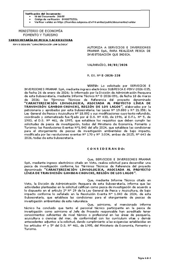 R. EX. Nº E-2026-228 AUTORIZA A SERVICIOS E INVERSIONES PRAMAR SpA, PARA REALIZAR PESCA DE INVESTIGACIÓN QUE INDICA. (Publicado en Página Web 31-03-2026)