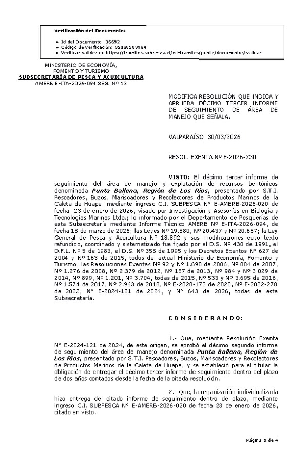 RESOL. EXENTA Nº E-2026-230 Modifica resolución que indica, Aprueba décimo tercer informe de seguimiento. (Publicado en Página Web 31-03-2026).