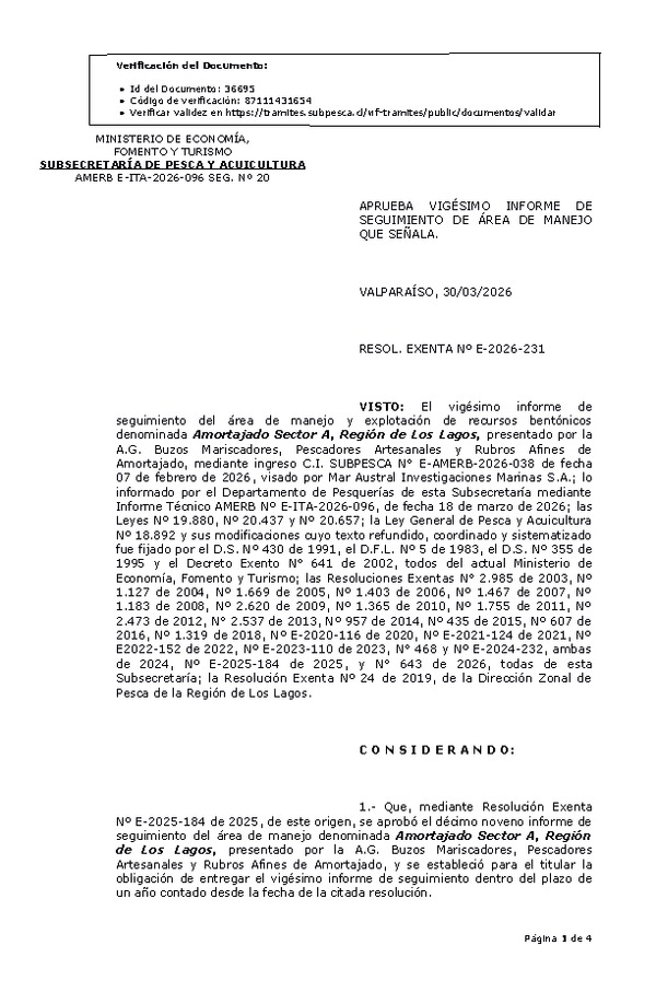 RESOL. EXENTA Nº E-2026-231 Modifica resolución que indica, Aprueba vigésimo informe de seguimiento. (Publicado en Página Web 31-03-2026).
