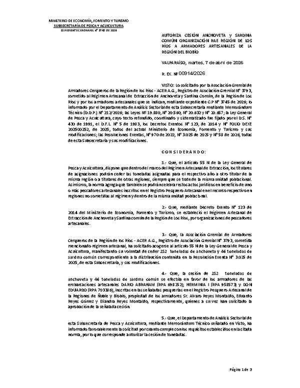 Res. Ex. N° 914-2026 Autoriza cesión anchoveta y sardina común, Regiones de Los Ríos a Biobío. (Publicado en Página Web 08-04-2026)