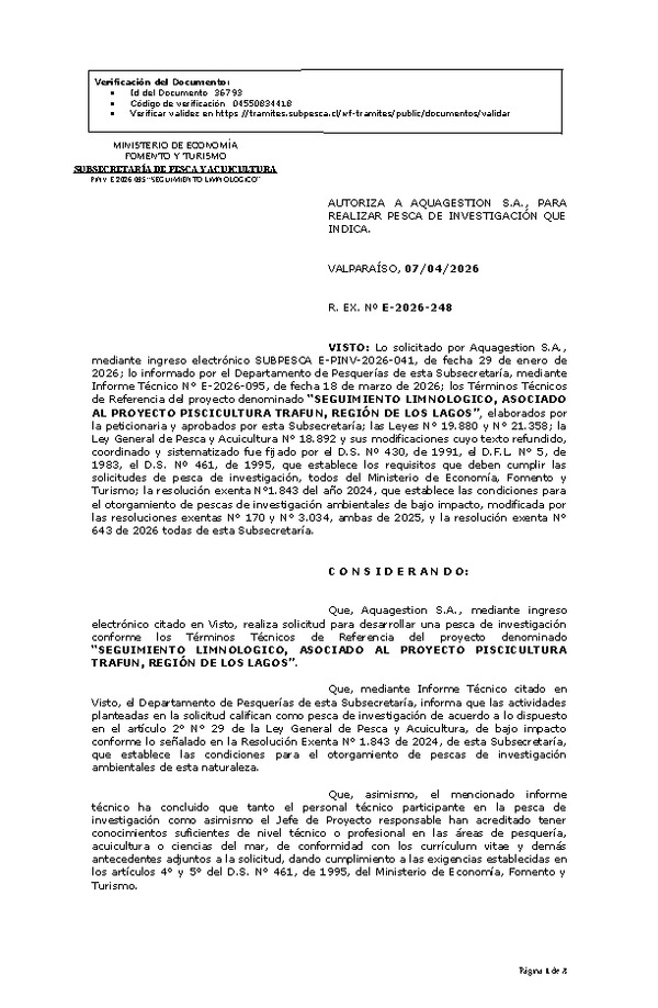 R. EX. Nº E-2026-248 AUTORIZA A AQUAGESTION S.A., PARA REALIZAR PESCA DE INVESTIGACIÓN QUE INDICA. (Publicado en Página Web 08-04-2026)