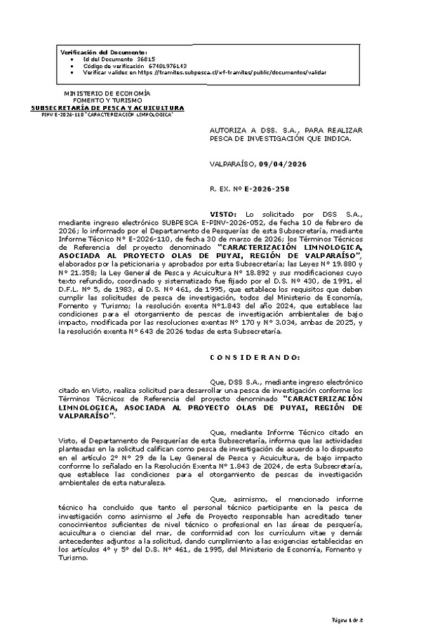 R. EX. Nº E-2026-258 AUTORIZA A DSS. S.A., PARA REALIZAR PESCA DE INVESTIGACIÓN QUE INDICA. (Publicado en Página Web 09-04-2026)