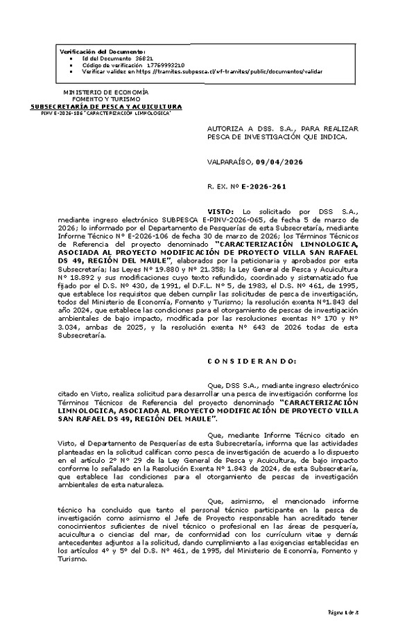 R. EX. Nº E-2026-261 AUTORIZA A DSS. S.A., PARA REALIZAR PESCA DE INVESTIGACIÓN QUE INDICA. (Publicado en Página Web 09-04-2026)