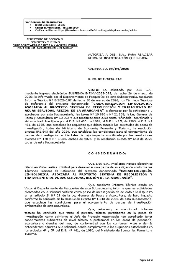 R. EX. Nº E-2026-262 AUTORIZA A DSS. S.A., PARA REALIZAR PESCA DE INVESTIGACIÓN QUE INDICA. (Publicado en Página Web 09-04-2026)