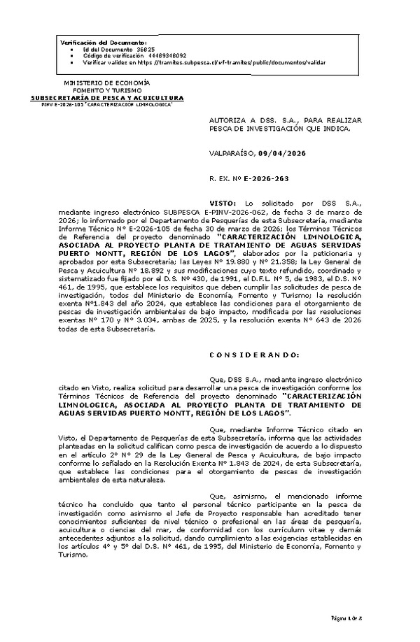 R. EX. Nº E-2026-263 AUTORIZA A DSS. S.A., PARA REALIZAR PESCA DE INVESTIGACIÓN QUE INDICA. (Publicado en Página Web 09-04-2026)