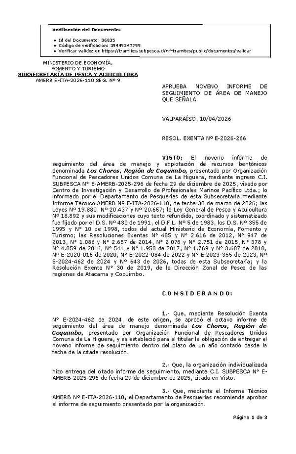 Res. Ex. N° E-2026-266, Aprueba noveno informe de Seguimiento. (Publicado en Página Web 13-04-2026)