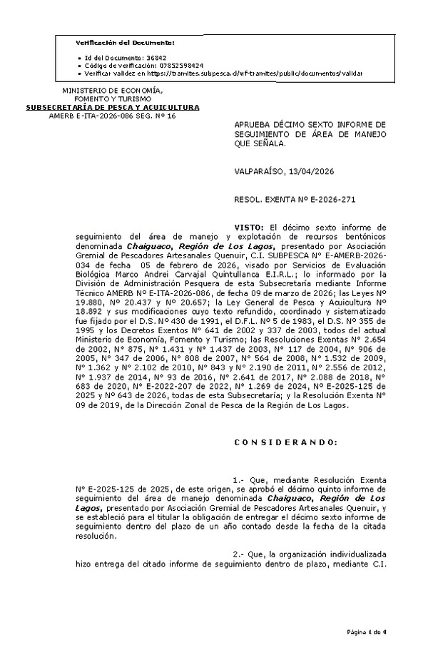 RESOL. EXENTA Nº E-2026-271 Aprueba décimo sexto informe de seguimiento. (Publicado en Página Web 21-04-2026)