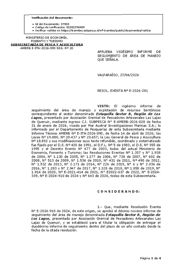 RESOL. EXENTA Nº E-2026-281 Aprueba vigésimo informe de seguimiento. (Publicado en Página Web 27-04-2026)
