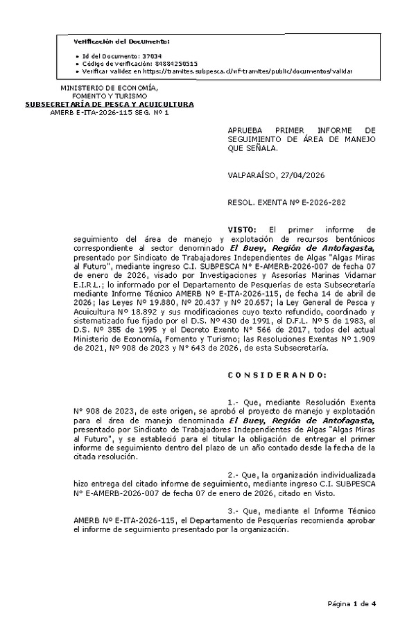 RESOL. EXENTA Nº E-2026-282 Aprueba primer informe de seguimiento. (Publicado en Página Web 27-04-2026)