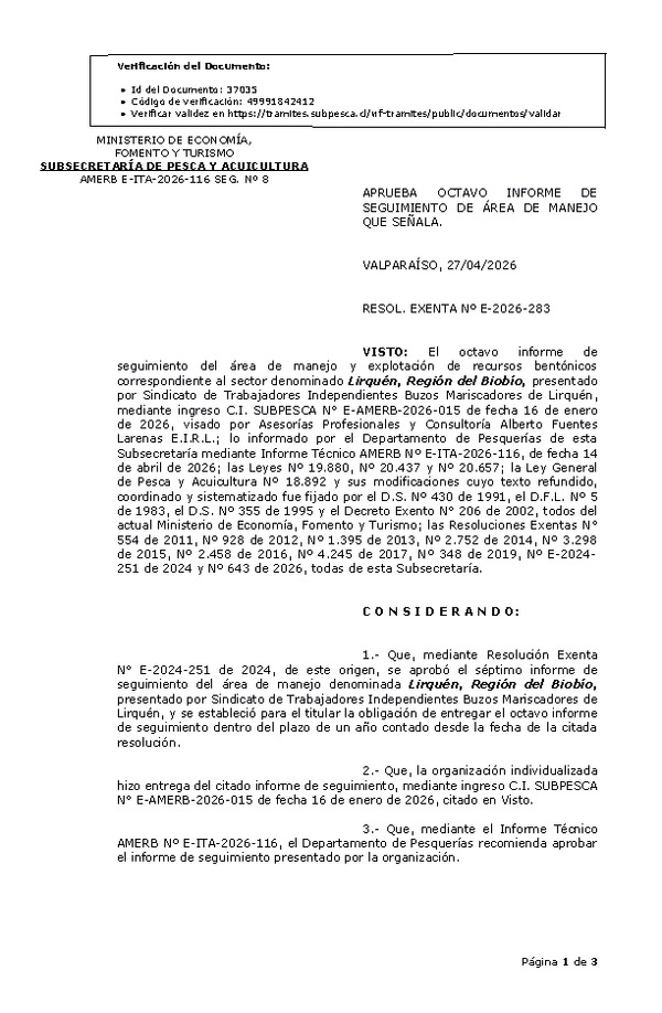 RESOL. EXENTA Nº E-2026-283 Aprueba octavo informe de seguimiento. (Publicado en Página Web 27-04-2026)