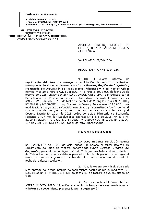 RESOL. EXENTA Nº E-2026-285 Aprueba cuarto informe de seguimiento. (Publicado en Página Web 27-04-2026)