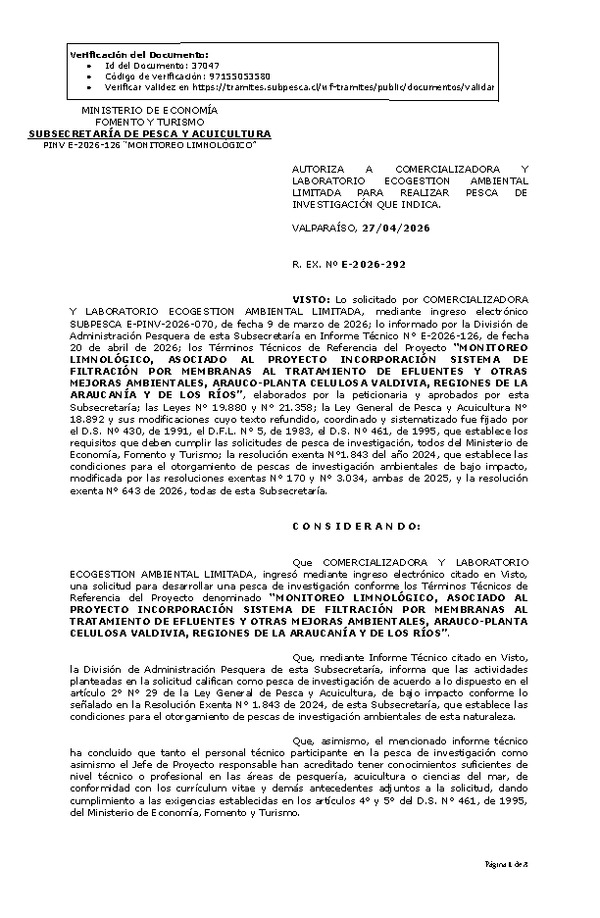 R. EX. Nº E-2026-292 AUTORIZA LABORATORIO A COMERCIALIZADORA Y ECOGESTION AMBIENTAL LIMITADA PARA REALIZAR PESCA DE INVESTIGACIÓN QUE INDICA. (Publicado en Página Web 27-04-2026)
