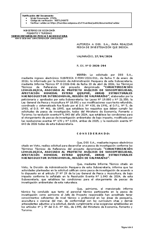 R. EX. Nº E-2026-294 AUTORIZA A DSS. S.A., PARA REALIZAR PESCA DE INVESTIGACIÓN QUE INDICA. (Publicado en Página Web 28-04-2026)