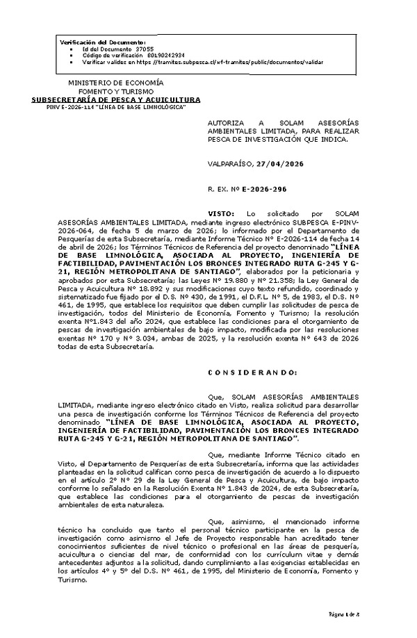 R. EX. Nº E-2026-296 AUTORIZA A SOLAM ASESORÍAS AMBIENTALES LIMITADA, PARA REALIZAR PESCA DE INVESTIGACIÓN QUE INDICA. (Publicado en Página Web 28-04-2026)