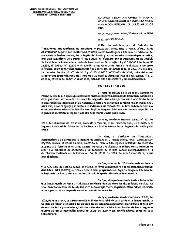 Res. Ex. N° 1169-2026 Autoriza cesión anchoveta y sardina común, Regiones del Biobío a Los Ríos. (Publicado en Página Web 30-04-2026)