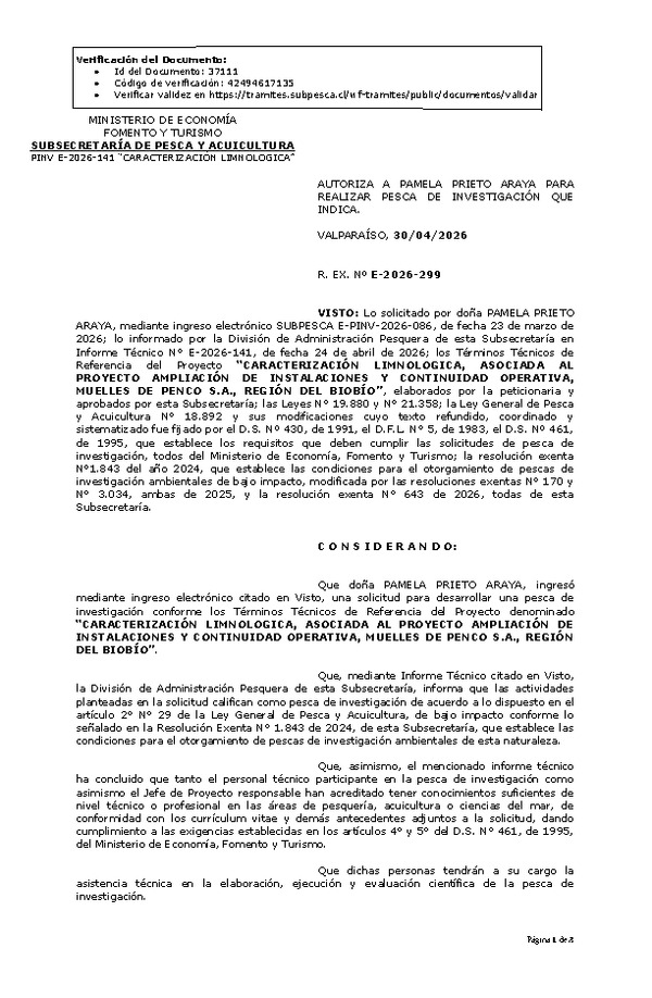 R. EX. Nº E-2026-299 AUTORIZA A PAMELA PRIETO ARAYA PARA REALIZAR PESCA DE INVESTIGACIÓN QUE INDICA. (Publicado en Página Web 04-05-2026)