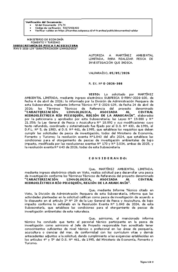 R. EX. Nº E-2026-308 AUTORIZA A MARTÍNEZ AMBIENTAL LIMITADA, PARA REALIZAR PESCA DE INVESTIGACIÓN QUE INDICA. (Publicado en Página Web 05-05-2026)