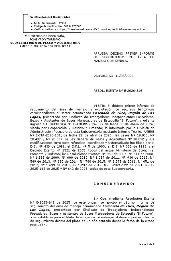 RESOL. EXENTA Nº E-2026-316 Aprueba décimo primer informe de seguimiento. (Publicado en Página Web 12-05-2026)