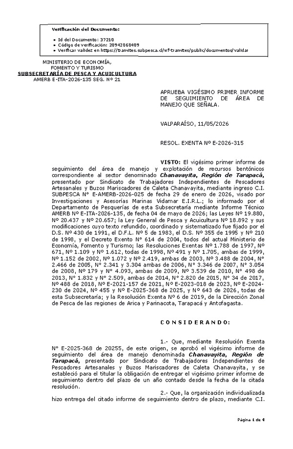 RESOL. EXENTA Nº E-2026-315 Aprueba vigésimo primer informe de seguimiento. (Publicado en Página Web 12-05-2026)