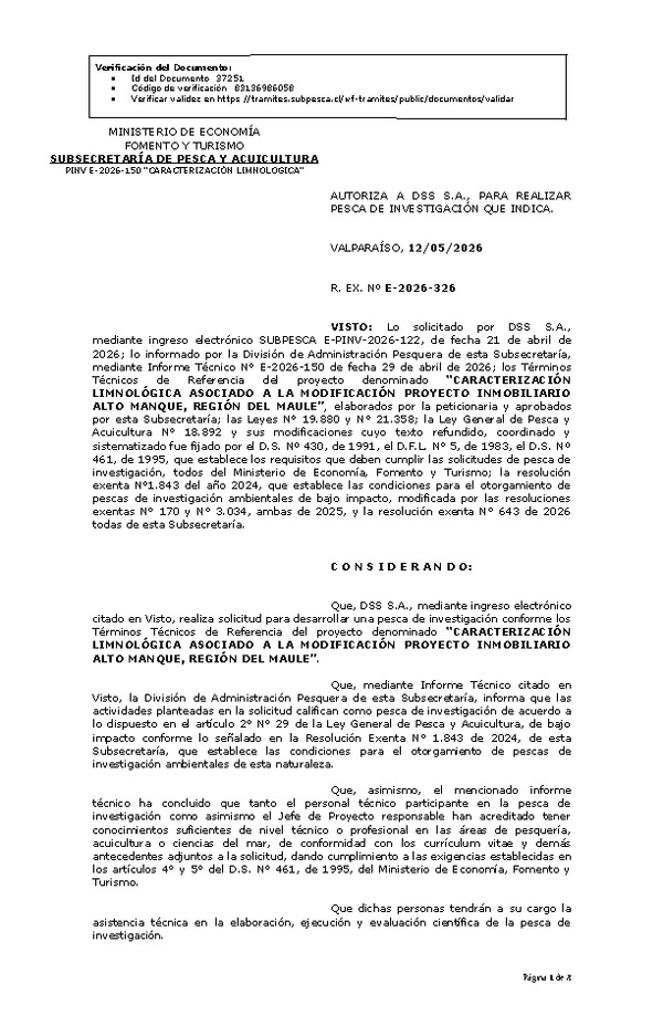 R. EX. Nº E-2026-326 AUTORIZA A DSS S.A., PARA REALIZAR PESCA DE INVESTIGACIÓN QUE INDICA. (Publicado en Página Web 13-05-2026)